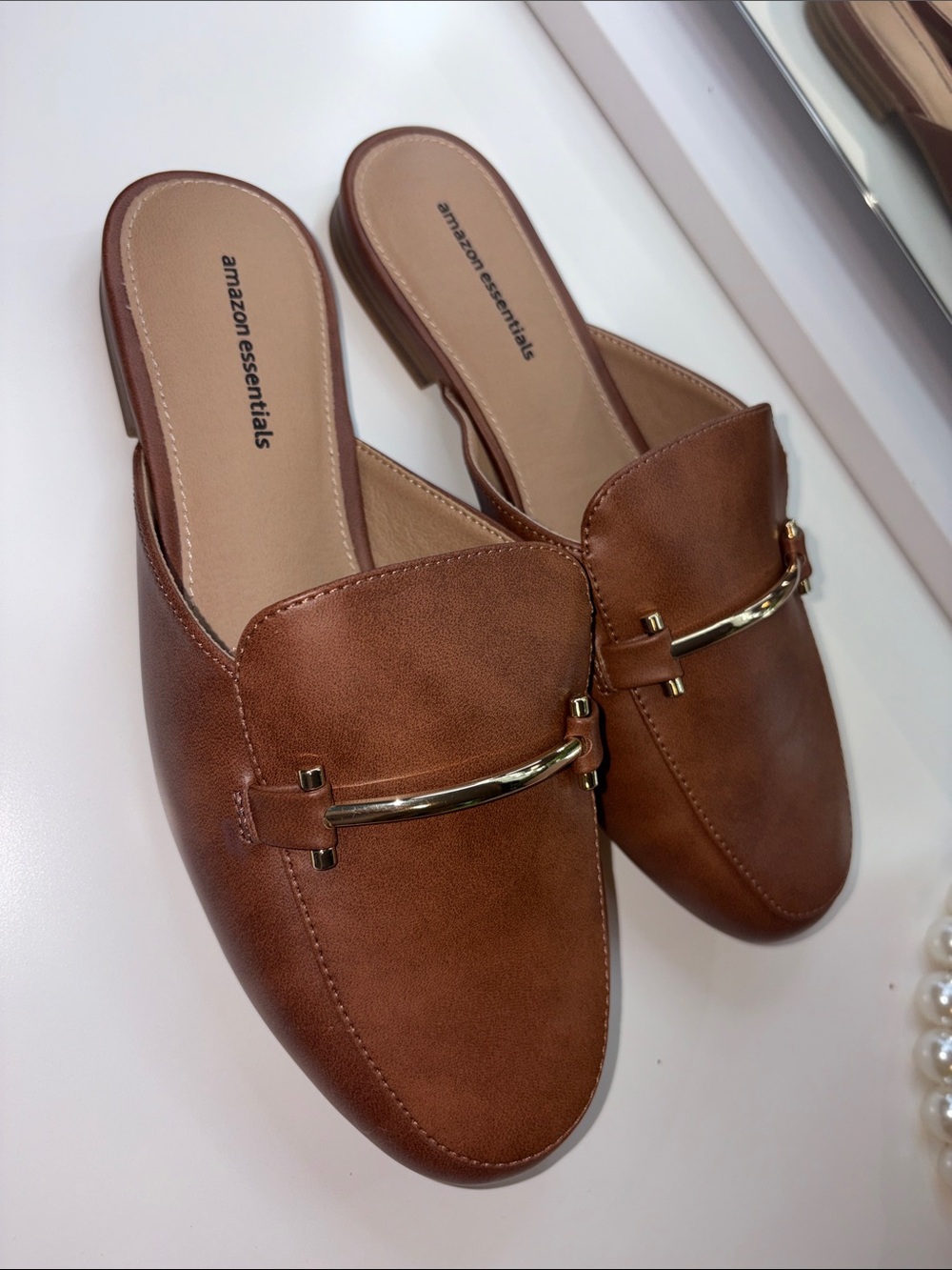 Amazon Essentials Women's Cognac Brown Slip-On Mule with Gold Accent